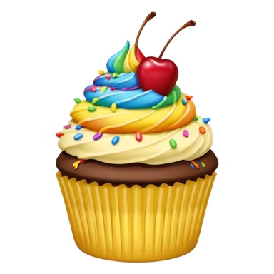 Vanilla cupcake with yellow frosting, chocolate  drizzle, rainbow sprinkles & a cherry on top  sticker