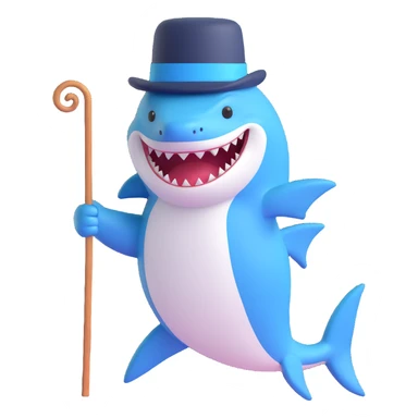 Add a cane to the cute blue shark in a top hat, keep the 3D emoji style, no background. sticker