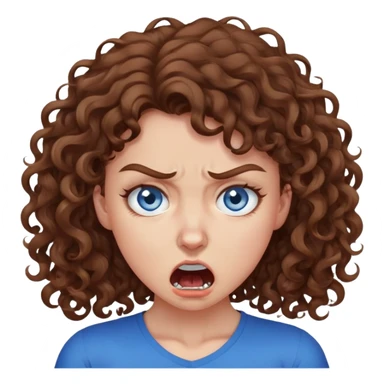girl with brown curly hair and blue eyes choking herself out with an angry expression sticker
