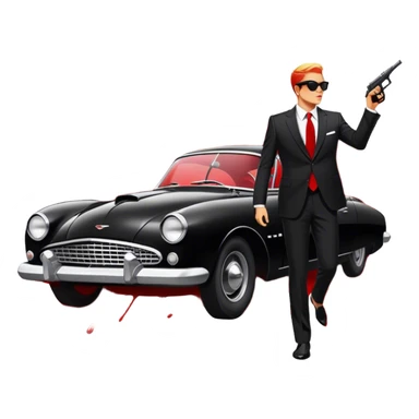 Icon for 'Reservoir Dogs' Movie: Silhouettes of characters in suits with sunglasses, dramatic lighting, a bullet-riddled car, and red splashes symbolizing chaos. Vintage, bold cinematic style with high contrast. Transparent background. sticker