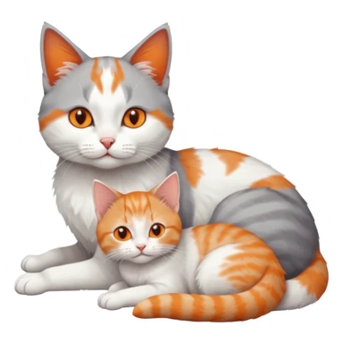full body of a grey and white cat cuddling a very small + skinny ginger and white kitten with deep orange eyes and triangular shaped face lying down sticker
