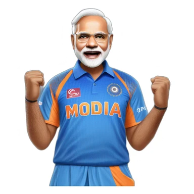 hyper realistic narendra modi celebrating in blue indian cricket team jersey sticker