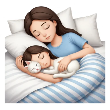 side view brunette teenage girl sleeping with white cat that has beige stripes on a white pillow with white sheets sticker