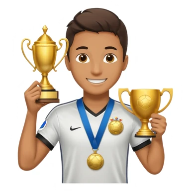 happy soccer player with a first-place medal and a trophy sticker