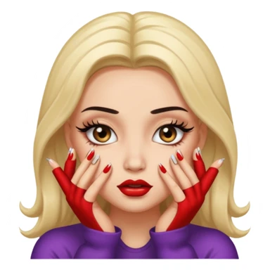 Baddie with hands pressed to cheeks, long nails, long lashes and l sticker