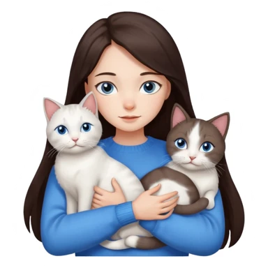 a girl with long dark 
brown hair, with blue eyes, in a
white sweater, hugs 3 different natural coloured cats sticker