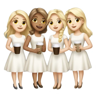 Four beautiful white european girls, one with blond hair and three with dark blond hair in dresses have coffee sticker
