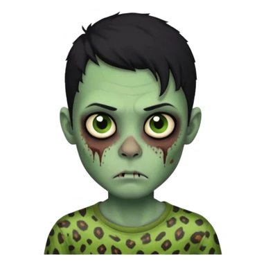 Zombie boy with green skin and sleepy eyes and scars on his face and a shirt that has cheetah texture and black hair sticker