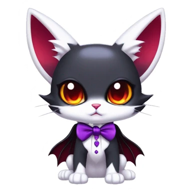 Cute-Evil-Vampiric-Batty-Cat-Black-Purple-Red-White-Contrast-Colors-Fantasy-Fur-Sona-Chibi-Shiny-Fakémon-Hybrid with horns and big fangs neck bow white tie leg spats full body sticker