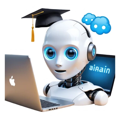 A combination of emojis representing artificial intelligence skills. A small humanoid robot head (🤖) with glowing blue eyes, a brain icon (🧠) beside it, and a laptop (💻) underneath, symbolizing AI-powered computing. Above the robot, a graduation cap (🎓) hovers slightly, indicating learning and education in AI. Small digital sparks or circuit-like patterns connect the elements, creating a futuristic and tech-inspired emoji style. The background is plain white sticker
