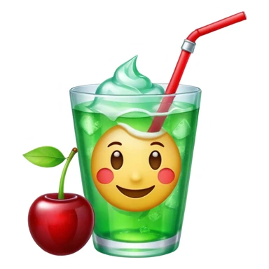 Create an emoji with a very clear rounded glass and ice, bright transparent green soda , a smooth vanilla scoop circle shape, a glossy red cherry, using vibrant colors, soft shading, and clear glass highlights.
 sticker