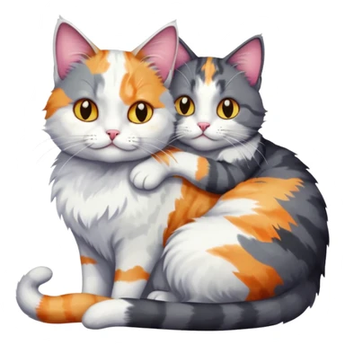 full body dark grey and white cat cuddling a colourful light patched calico + white tabby cat  sticker