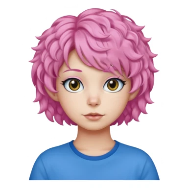 a Black cat wearing a short curly pink hair wig, blue T-shirt sticker
