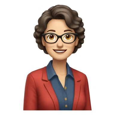 Woman in her 60s, with dark brown hair, pale skin, glasses, brown eyes, smiling wearing a red blazer, collared shirt,  jeans sticker