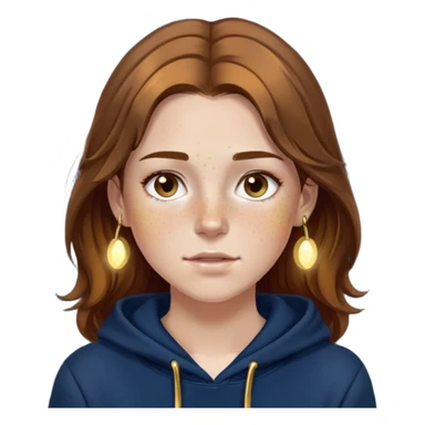 Girl with brown hair and gold lights in her hair and a navy blue hoddie, with freckles sticker