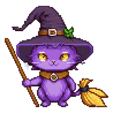 purple witch cat with a broom sticker
