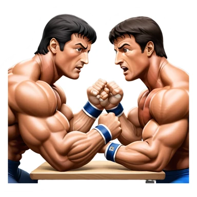 Iconic scene from the movie Over the Top, featuring Sylvester Stallone in a fierce arm wrestling match, symbolizing powerlifting. Stallone flexes his muscles while gripping the arm of his opponent, the intense battle for strength showcased with dramatic lighting. Transparent background. sticker