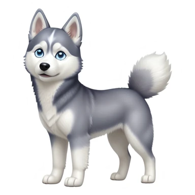 cinematic-[siberian husky]-realistic-full-body-standing-emoji,-tail-resting-loosely-beside-its-paws,blue eyes-head-tilted-dramatically, -fluffy-[grey and white]-fur,-simplified-yet-realistic-focused-features,-highly-detailed,-glowing-with-an-almost-sarcastic-glow sticker