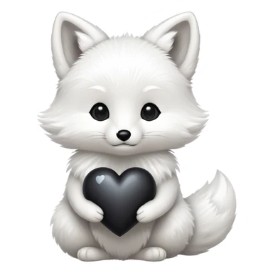 Baby white fox holding a black heart sticker