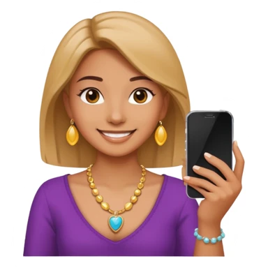 young woman with phone in her hand, happy, selfie style. @emoji sticker
