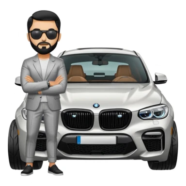 A man with black hair and beard standing next to his silver grey BMW X4 M competition with sunglasses and slick hair sticker