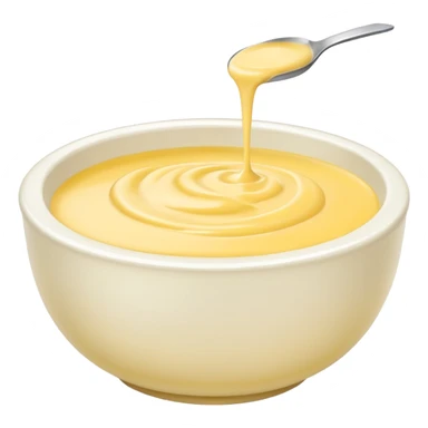 white bowl of pale yellow sauce, vibrant, simple, clear sticker