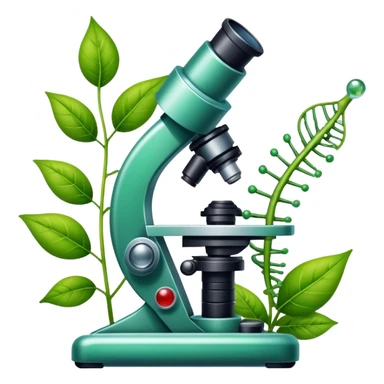 An icon featuring a DNA strand, a microscope with visible cells, and a green leaf, symbolizing biology. The design includes animal cells, plant structures, representing the study of living organisms and ecosystems. Transparent background highlights life sciences and biological research. sticker