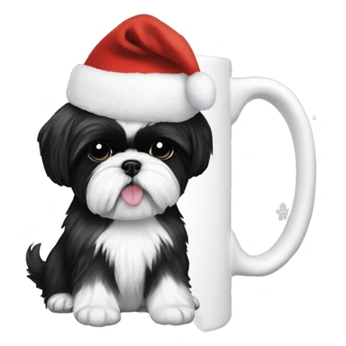 Black and white shih tzu wearing a Christmas hat sitting in a little mug sticker