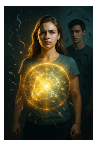 A hyper-realistic, cinematic image showing a young woman with a glowing, radiant aura symbolizing a very strong immune system. She stands confidently, surrounded by a dynamic shield of light particles and molecular energy swirling around her body, especially focused around her abdomen and chest. Against this luminous barrier, faint translucent representations of parasites—small worm-like and protozoan shapes—attempt to approach her but are visibly repelled or disintegrating upon contact with the shield. Nearby, a young man representing her boyfriend is shown with subtle, shadowy parasite silhouettes near him, some reaching toward her but unable to penetrate her immune defenses. The background is softly blurred to keep the focus on the energetic battle at the forefront, with cool blues and warm golds contrasting to symbolize health, vitality, and defense. The lighting is dramatic yet hopeful, with a cinematic 35mm film style emphasizing sharp detail on her determined face and the swirling protective energy. The overall tone conveys resilience, protection, and the unseen battle inside the body. sticker