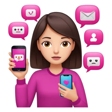 Social media manager. She has dark brown hair, brown eyes, overwhelmed expression, slightly stressed face,a holding a smartphone with notifications piling up. Use vibrant colors with a focus on pink and fuchsia tone sticker