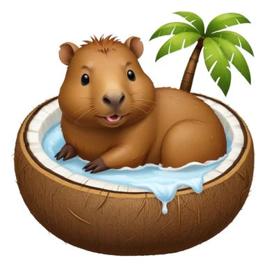 Happy capybara relaxing inside a halved coconut like a bathtub sticker