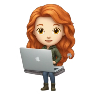 red-haired ginger girl, in an alternative outfit, holding a macbook sticker