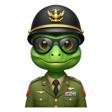 Lizard in military uniform with  black sunglasses and military helmet sticker