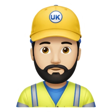 Man in yellow hi vis overalls, with black hair and full beard, wearing blue baseball cap saying UKPN sticker