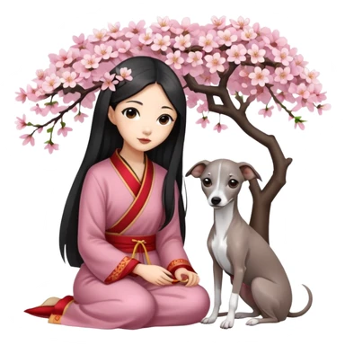 A young Chinese girl with long black hair and a dark grey Italian Greyhound with absolutely no white marks on its body or nose sitting under a cherry blossom tree sticker