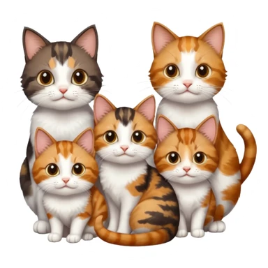 3 different coloured small cats including a dark brown tabby and white, and a patchy calico, and a ginger and white sticker