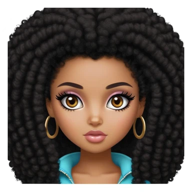 pretty bratz girl, dark black big afro, dark brown eyes, y2k fashion, black eyeliner, deep brown skin sticker