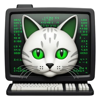 mac os icon code computer retro terminal, black, green white, cat draw as ASCII code inside the terminal sticker