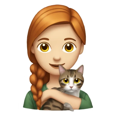 red haired girl with green eyes holding a brown and gray tabby cat with yellow eyes sticker