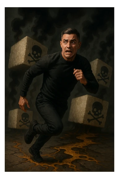Create an image of a man in his thirties inspired by the face in the reference photo, fleeing with a scared expression. He is running away from huge stylized sugar cubes depicted as toxic, with dark halos, poison symbols like skulls, and black smoke. On the ground, there are traces of sugar melting and corroding whatever they touch. The man appears determined to escape, dressed in sporty or casual clothes. The atmosphere is dark but dynamic, with strong symbolism of sugar as a harmful substance. sticker