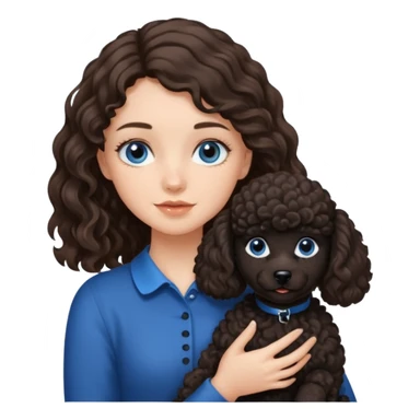 Brunette girl with long wavy hair and blue eyes holding one black puppy poodle with brown eyes. No decoration on the dog.  sticker