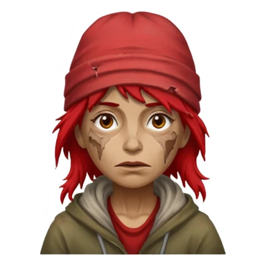 very dirty looking homeless woman with ripped red hat with ugly hair sticker