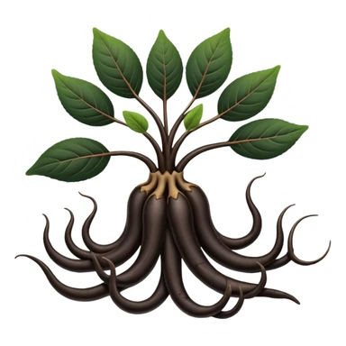 A beautifully arranged black ginseng root (heuksam), in Apple iPhone emoji style. Dark brown-black glossy color, subtle texture on the root, elegant curves, vibrant but natural tones, smooth gradients, clean simple shapes, no outlines, slight 3D depth.
 sticker