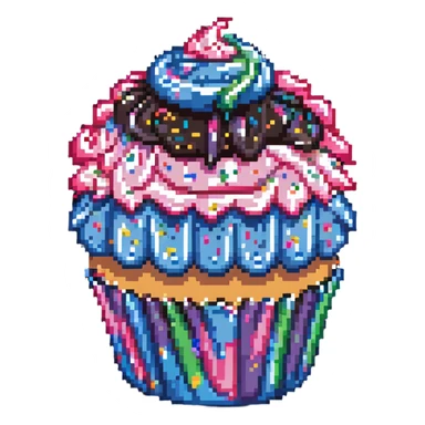 large cupcake with pink frosting covered in rainbow sprinkles in pixel art style sticker