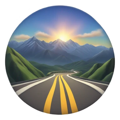 A vehicle on an unfamiliar road, with mountains in the background and the sun rising sticker