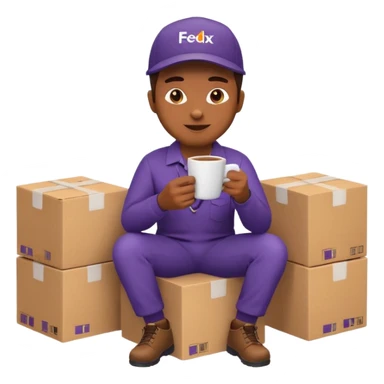 emoji of FedEx delivery man is sipping coffee while sitting on the boxes sticker