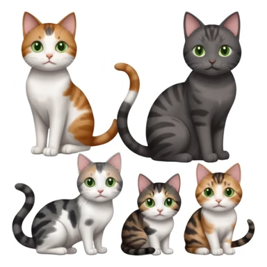 6 different coloured small cats including a dark grey and white, and a patchy calico, and a brown tabby and white,  and a completely solid dark grey with green eyes and only white paws sticker