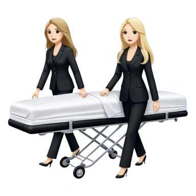 Two woman with long hair. One is brunette and one is blond. They have black pants suits on. And they are pushing a funeral stretcher in to a black Mercedes Vito funeral car. On the stretcher is a body covered in white sheets  sticker