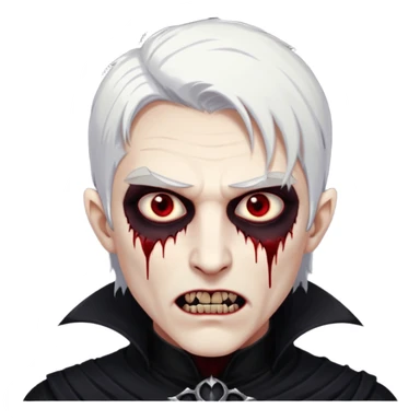 Creat a young man Vampire with white skin and white hair and full black vampire clothes and bloody eyes and long fangs and scary dead eyes sticker