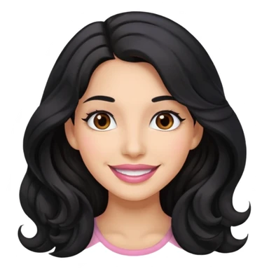 a woman is smile, her hair is long wavy and the color is black, her eyes color are brown and the color of her lip is soft pink sticker